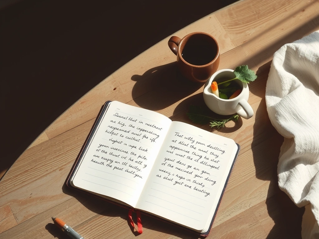 Virtuvės stalo kampas su užrašų knyga ir šviežiais produktais